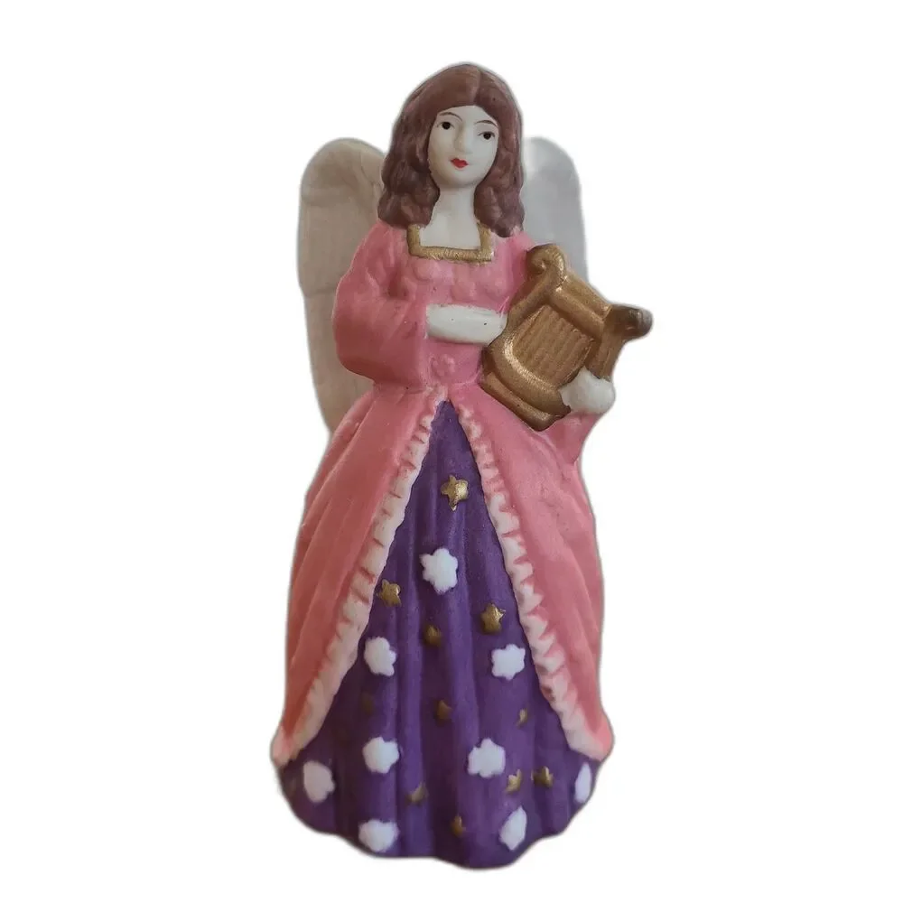 Vintage Hand Painted Bell Bisque Musical Angel Figurine With Pink Gown And Harp